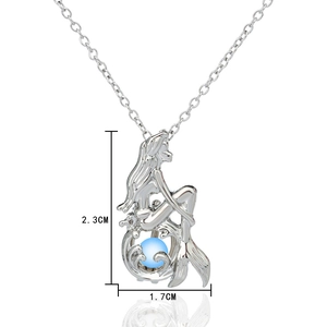 Detailed size view of silver mermaid pendant with glowing blue bead and dimensions