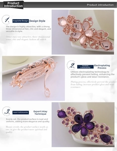 Detailed close-up of crystal flower barrette with champagne and purple rhinestones