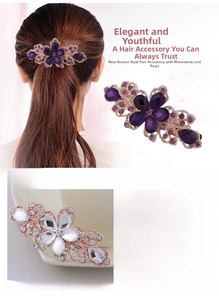 Macro view of 9cm large rhinestone floral hair clip showing dimensions and crystal detail