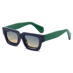 Retro thick square sunglasses with navy blue frame and green temples in 45-degree view