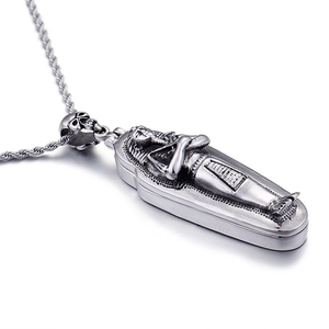 Vintage stainless steel Egyptian mummy coffin pendant necklace with skull bail detailing