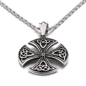 Vintage Celtic Cross Pendant Stainless Steel Men Jewelry Oxidized Geometric Knot Design
