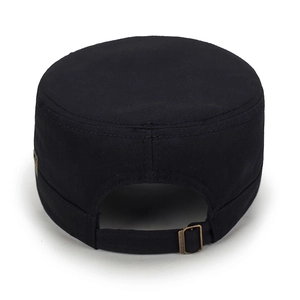 Rear view of a black flat top military cadet cap with adjustable metal buckle strap.