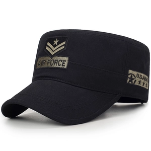Military style black canvas cadet cap featuring Air Force and US Army embroidery