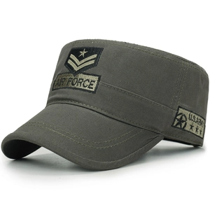 Olive green military flat top cap with Air Force and U.S. Army embroidery detail