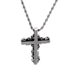 Gothic Skull Cross Pendant Necklace Men 316L Stainless Steel Polished Punk Biker Dark Jewelry