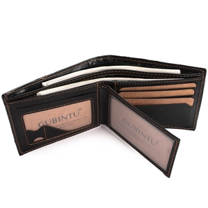 Detailed view of men's bifold leather wallet with orange stitching and multi-card slots