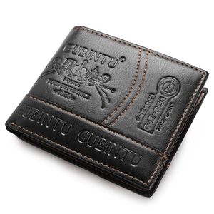 Close-up of black leather wallet with orange contrast stitching and embossed logo