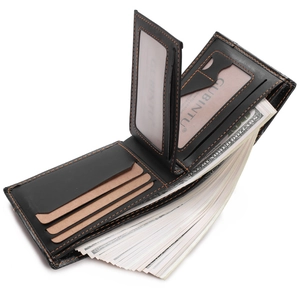 Slim black leather men's wallet with multi-card slots and bill compartment on white backdrop