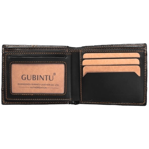 Slim black leather bifold wallet for men with orange stitching and ID window