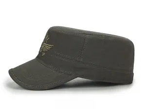 Detail of army cadet cap showing intricate eagle and star embroidery on dark gray cotton