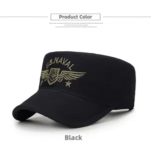 Detail of US NAVAL embroidery on a black cadet cap made of durable cotton twill fabric