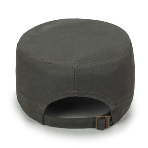 Army cadet cap in grey cotton canvas with adjustable metal buckle strap at the back