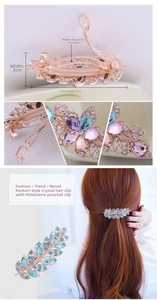 Detailed view of 9cm crystal leaf hair clip with rose gold finish and detachable spring clip