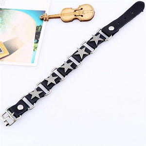 Punk style genuine black leather bracelet featuring silver star studs and buckle clasp