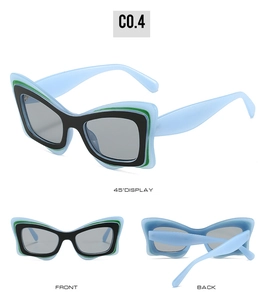 Vues détaillées sous plusieurs angles de lunettes de soleil papillon carrées à monture bleu et vert