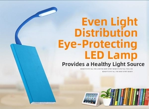 Blue USB LED reading lamp with flexible silicone neck plugged into a power adapter