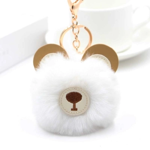 Detailed view of a fluffy white bear plush keychain with soft faux fur and gold clasp