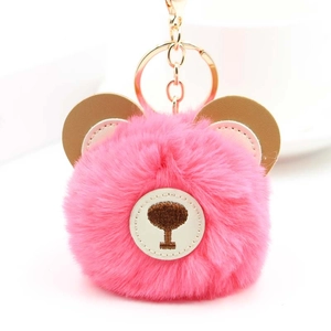 Cute pink faux fur bear bag charm with leather ears and golden metal keychain ring