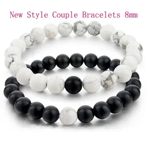 8mm matte black and white turquoise bead bracelets set for couples in minimalist style