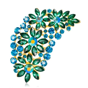Exquisite flower brooch featuring green and blue rhinestones on a durable alloy base
