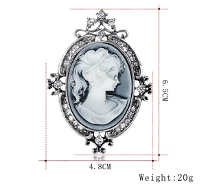 Macro detail of retro crystal brooch with silver frame and lady portrait profile