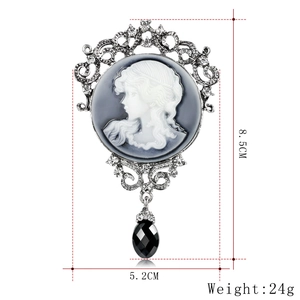 Vintage queen cameo brooch with crystal accents and black teardrop pendant 8.5cm
