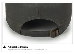 Detail of adjustable metal buckle and stitching on olive green canvas cadet cap