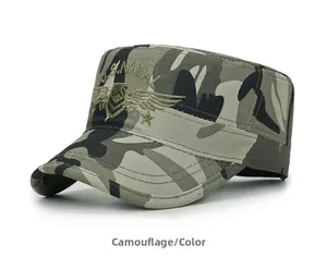 Detailed close-up of camouflage cadet cap with U.S. NAVAL golden shield embroidery