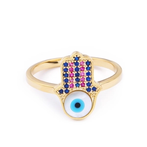 Gold Hamsa Hand ring with evil eye bead and colorful pavé crystals for women