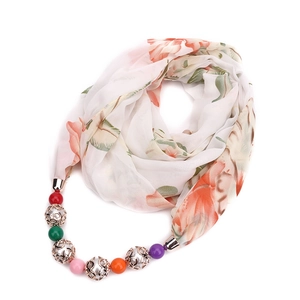 Detail of floral print chiffon scarf necklace with colorful beaded pendant ornaments