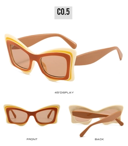 Affichage en trois vues de lunettes de soleil à monture ondulée : face, dos et angle de 45 degrés