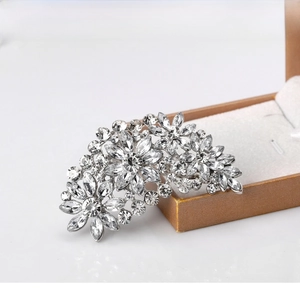 Exquisite floral brooch with crystal marquise rhinestones and silver metal finish