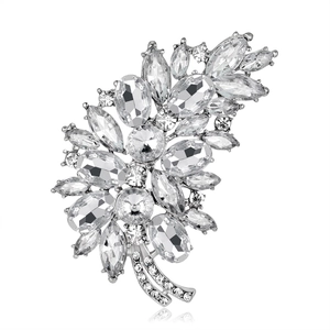 Elegant silver feather brooch with sparkling crystals and rhinestones for women