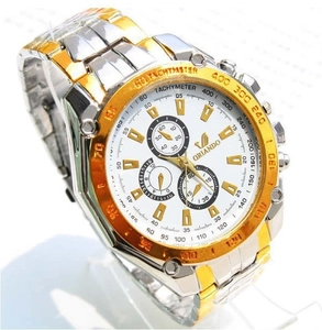 Close-up of ORIANDO men's quartz watch with two-tone steel band and white chronograph dial