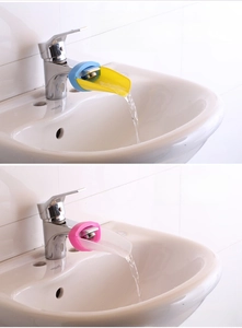 Dual view of blue and pink crab faucet extenders helping children wash hands easily