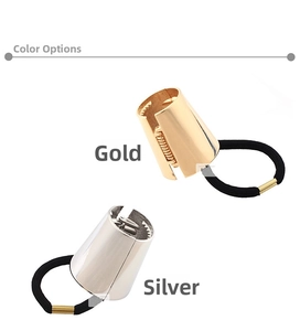 Detail of gold and silver cone hair cuffs with inner teeth and elastic bands