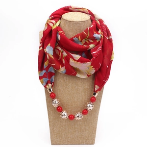 Floral print chiffon infinity scarf with red beads and golden hollow metal pendants