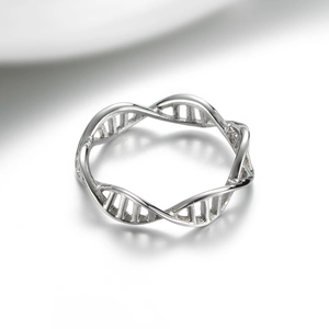 Minimalist silver DNA double helix structure ring for women in high polished stainless steel