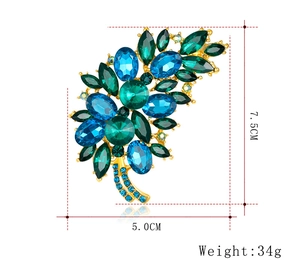 Detailed size chart for blue crystal floral brooch showing 7.5cm height and 5.0cm width