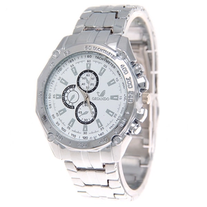 Detailed side view of Orlando men's silver steel watch with white dial and JD-320 mark