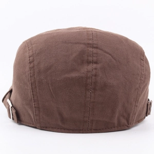 Rear view of brown cotton newsboy cap with adjustable metal buckles and fine stitching