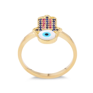 Golden Hamsa Hand ring with Turkish Blue Evil Eye and colorful zircon stones
