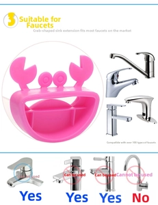 Pink crab water faucet extender detail showing universal compatibility with various taps
