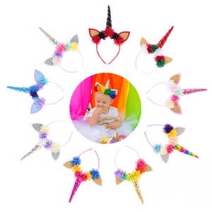 Detailed grid of colorful unicorn headbands for babies with sequins and floral accents