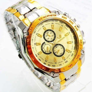 Silver and gold stainless steel men's watch with chronograph sub-dials and tachymeter