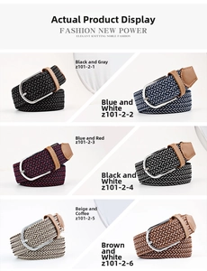 Detail showing elastic braided belt textures and six color options with pin buckle