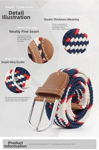 Detail of red, white and blue elastic woven belt with alloy buckle and leather tip