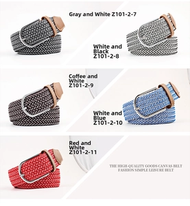 Detail showcasing five color variations of woven canvas elastic belts with metal pin buckles