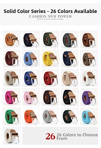 Elastic braided belts in 26 solid colors with silver metal buckles and leather trim